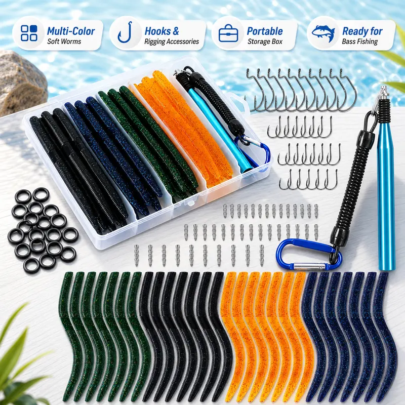 BEASTENERGY 133pcs Senko Style Wacky Rig Fishing Combo - Soft Plastic Stick Worms, Rig Tool, O-Rings, Weighted/Crank Hooks, Tackle Box, Accessories - Great for Largemouth Bass - Gift for Anglers, Boyfriends, Dads - Outdoor Fishing Equipment for Adults