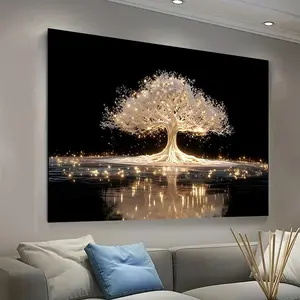Wooden Framed Modern Abstract Tree of Life canvas Painting - Minimalist wall, Golden luminous tree design, suitable for living room, bedroom, corridor - Easy to hang Wrapped in canvas