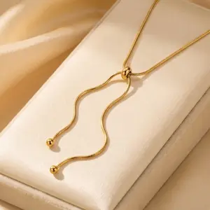 Women's Titanium Steel Gold Lariat Snake Chain Necklace, Adjustable Tassel Artificial Gemstone Jewelry Accessory