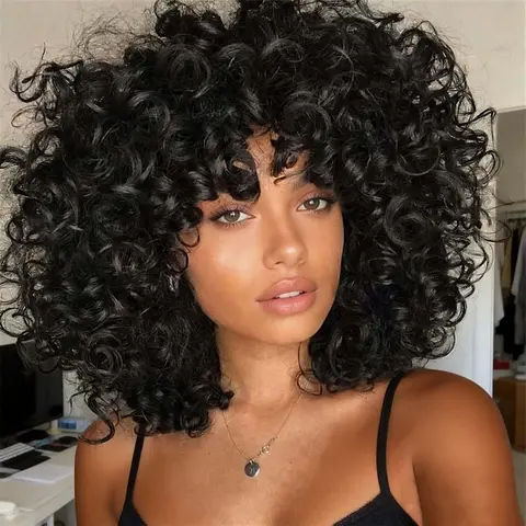 GKtineke Retro Short Curly Wig with Bangs for Women, 14 Inch Natural Black Afro Culy Wigs, Big Fluffy Bouncy Synthetic Wig for Daily and Party, 14 inch Glueless Wig