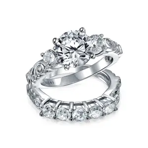 3CT Round Solitaire 3 Stone Engagement Ring Set Cubic Zirconia Past Present Future CZ Sterling Silver