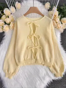 Elegant Women's Long Sleeve Knit Sweater, Round Neck Butterfly Knot, Casual Loose Fit, Spring Y2K Fashion, Holiday Party Wear, Knitwear