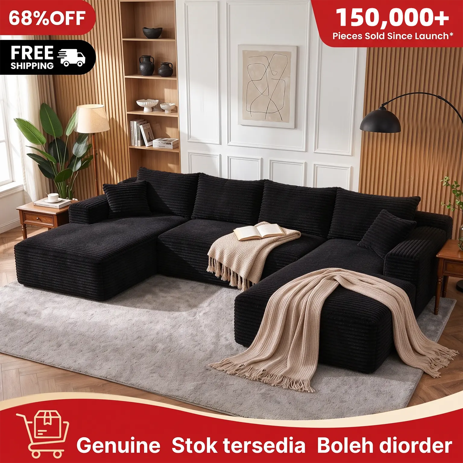 130" U-shaped / 94" L-shaped modular sectional cloud sofa, corduroy sofa with foam & spring support, freely rearrangeable modules, no assembly required for living room【1-2 packages shipping】