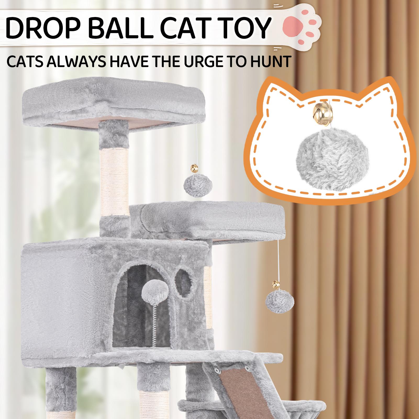 Cat Tree, 67-Inch Tall Tower for Indoor Cats with 2 Perches,2Big Condos, 2 Hammocks, Basket, Scratching Pad, LargeCatFurniture and Condo, Light Gray