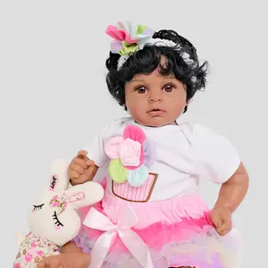 20 in Lifelike Newborn Reborn African-American Realistic Baby Doll, Rooted Black Curly Hair, Soft Cloth Body, Full Vinyl Limbs, Colorful Outfit, Unisex Soft Cuddly Gift for Kids, Holiday Christmas Toy
