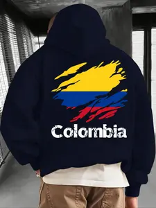 Men's Colombia Front & Back Print Hoodie, Fall Winter Casual Regular Fit Long Sleeve Sweatshirt, Fashion Daily Wear Clothing