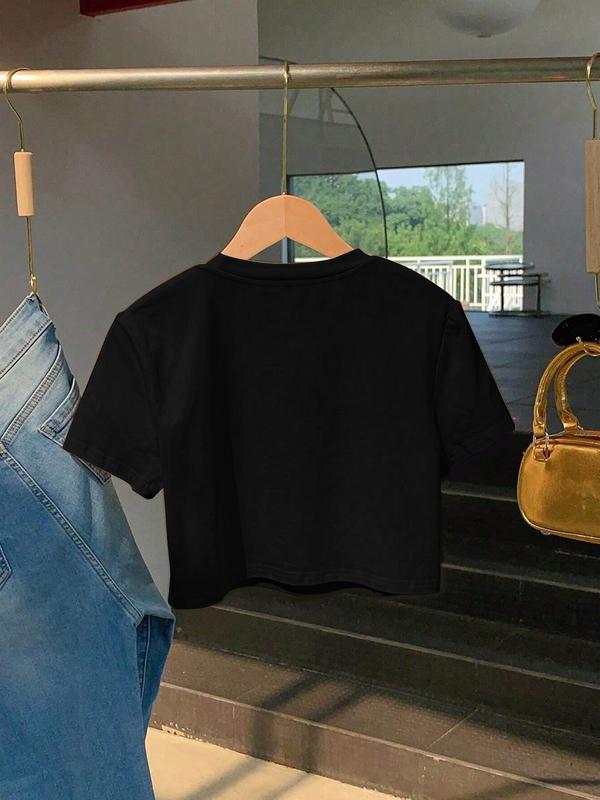 Women's "thanks It's The Trauma" Print Round Neck Crop Tee, Fashion Casual Crew Neck T-shirt for Daily Holiday Vacation Outdoor Wear, Ladies Clothes for Summer, Top