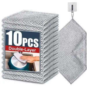 10 Pack 2-Layer Stainless Steel Cleaning Cloths 20×20cm, Double Sided Wet Dry Kitchen Scrub Rags, Non-Scratch Metal Dish Scrubber, Odor-Free Multipurpose Miracle Cleaning Cloth for Cookware, Dishes, Sink and Stove Top