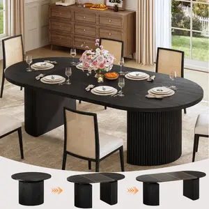 Extendable Round Dining Table for 4-8, 39in-77in Long Large Kitchen Table with Fluted Base, Space Saving Modern Farmhouse Oval Dinner Tables for Dining Room, Kitchen, Living Room, Black