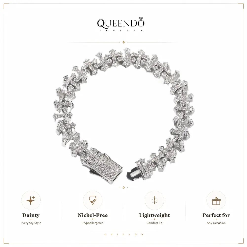 QUEENDO Unisex Iced Cross Link Bracelet - Full Paved Shiny Stone Cross-Shape Link Chain, Box Clasp, Adjustable Size, Daily Wear Costume Jewelry Gift for Hip Hop Outfits