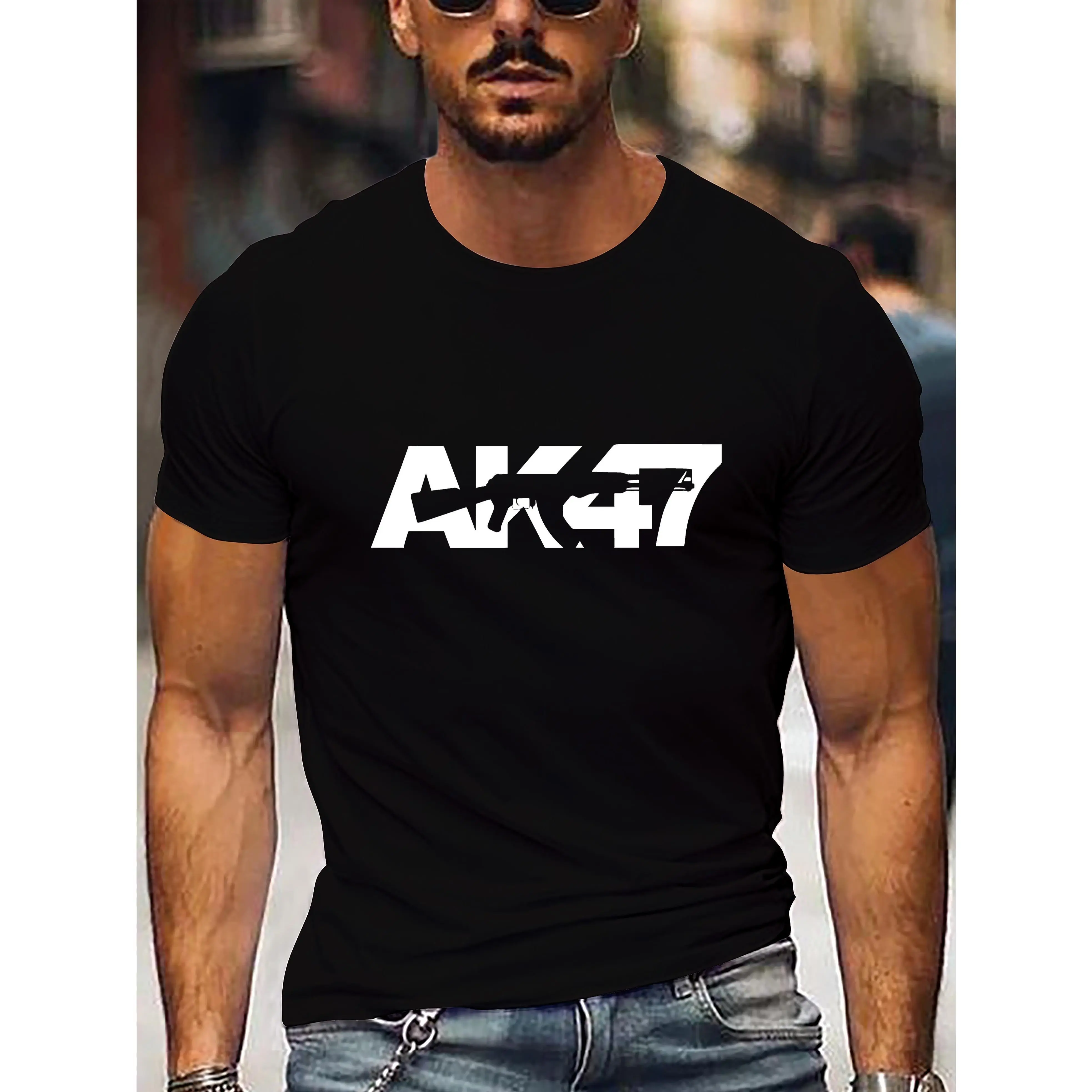 AK47 Printed T Shirt For Men, Summer Casual Short Sleeve Tee Shirt