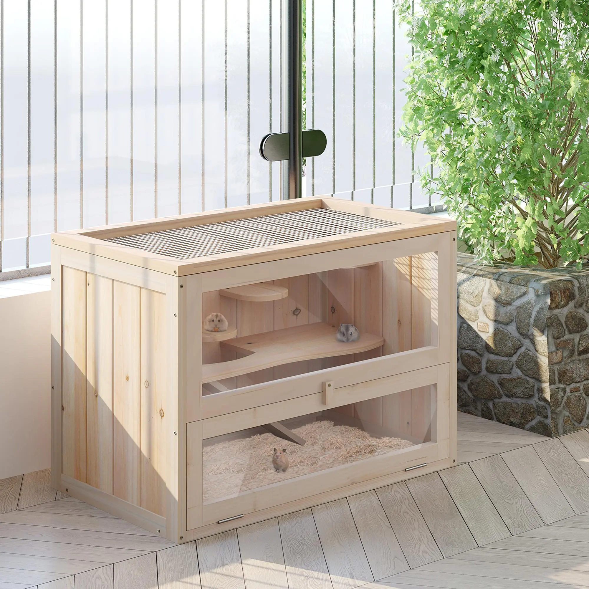Two level wooden small animal habitat cage with openable top for home hamster gerbil daily living