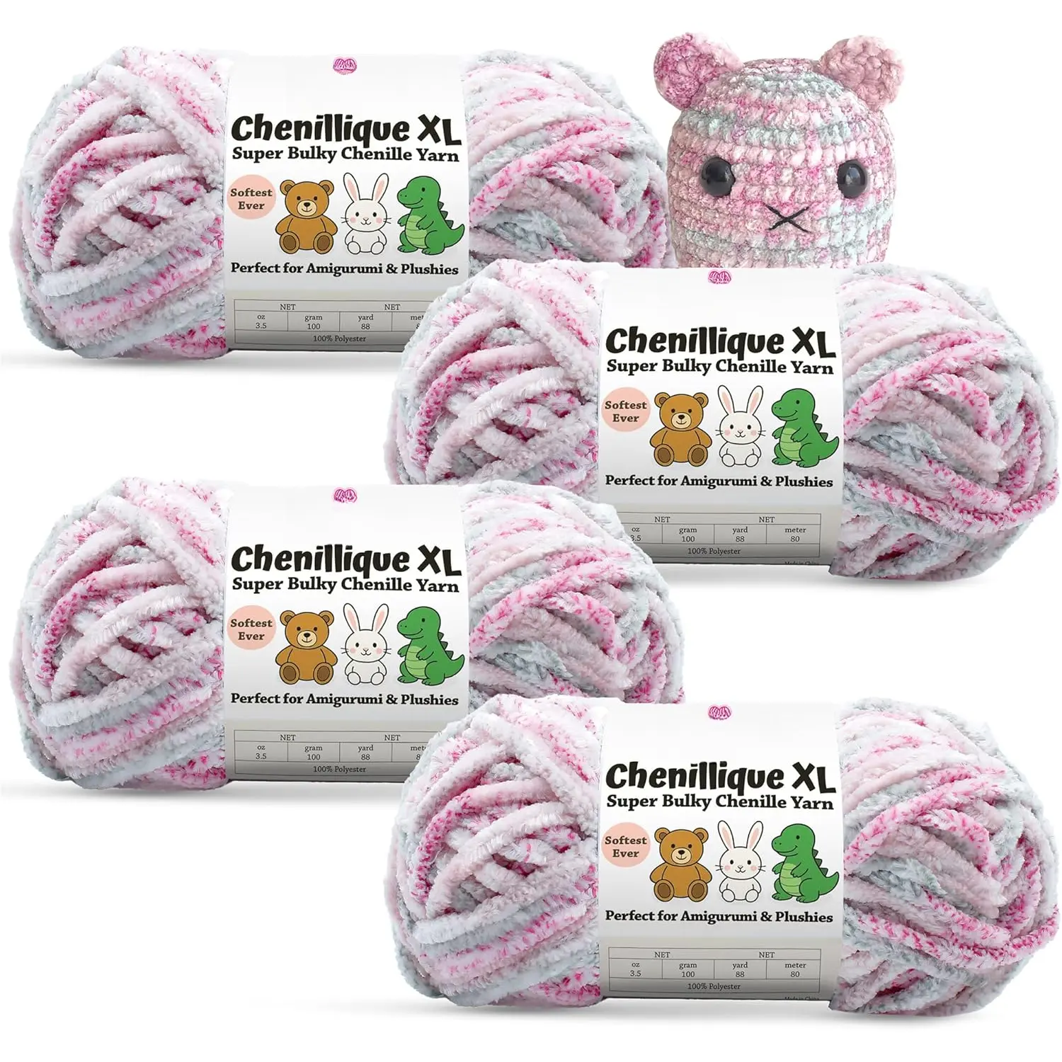 Chenillique XL Plush Chenille Yarn - 4-Pack (352 Yards / 400 g) - Variegated Super Bulky Yarn for Plushies, Blankets, Amigurumi & Accessories - Dusky Rose