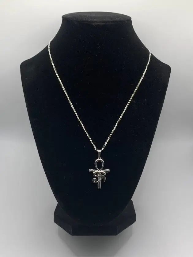 Silver Eye of Horus Necklace,  Silver Ankh Egyptian Necklace, Protective Rhinestone Charm