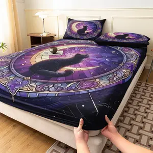 3pcs Black Cat Stained Glass Printing Fitted Sheet Set, Decorative Bedding Set, Celestial Crescent Moon Bedding Bedroom Decor,Four-season Luxury Bedding Home or Dorm(1 Duvet Cover+2 Pillowcases,No Pillow)