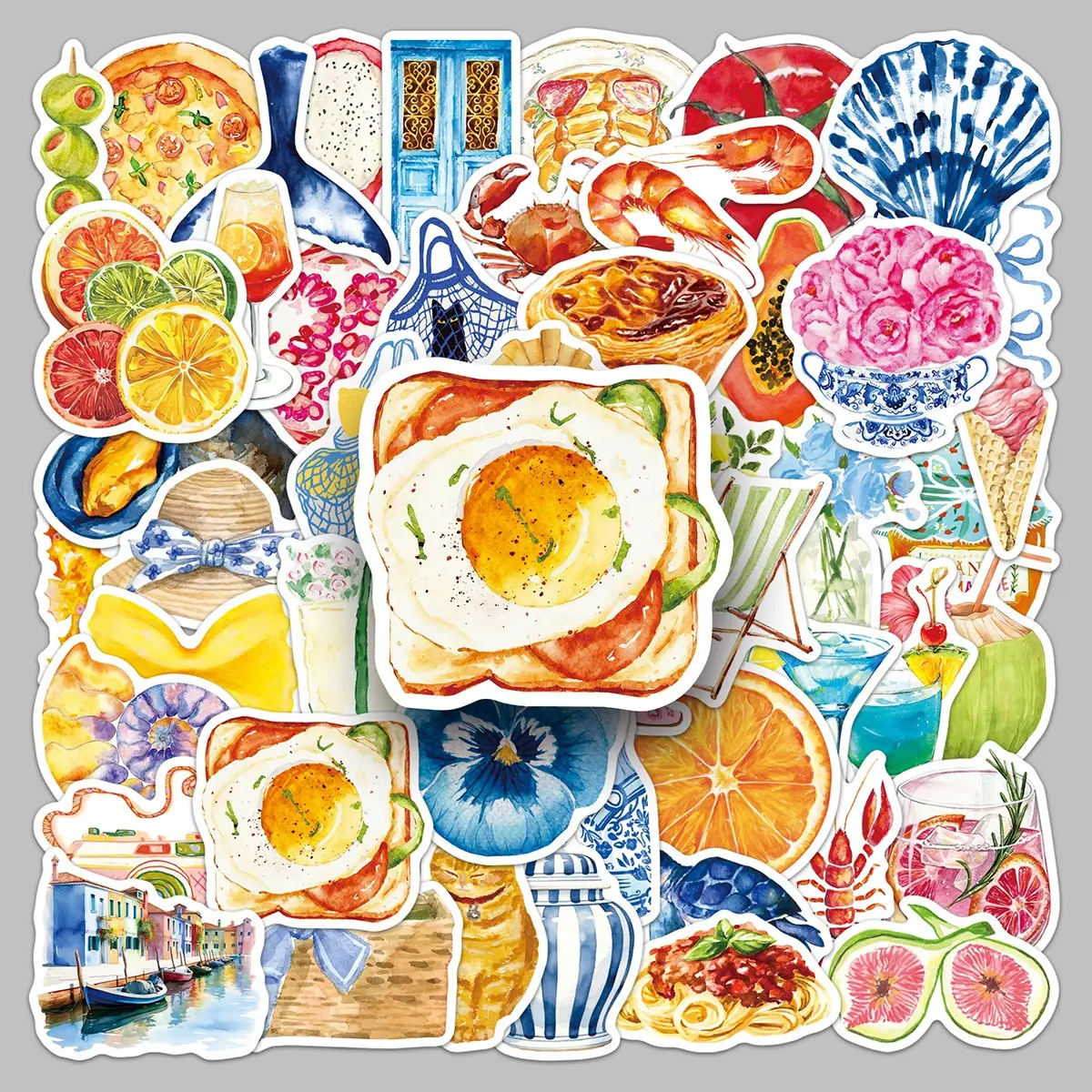 50pieces Mediterranean aesthetics graffiti cartoon hand-drawn creative Scene Stickers storage box laptop phone case stickers