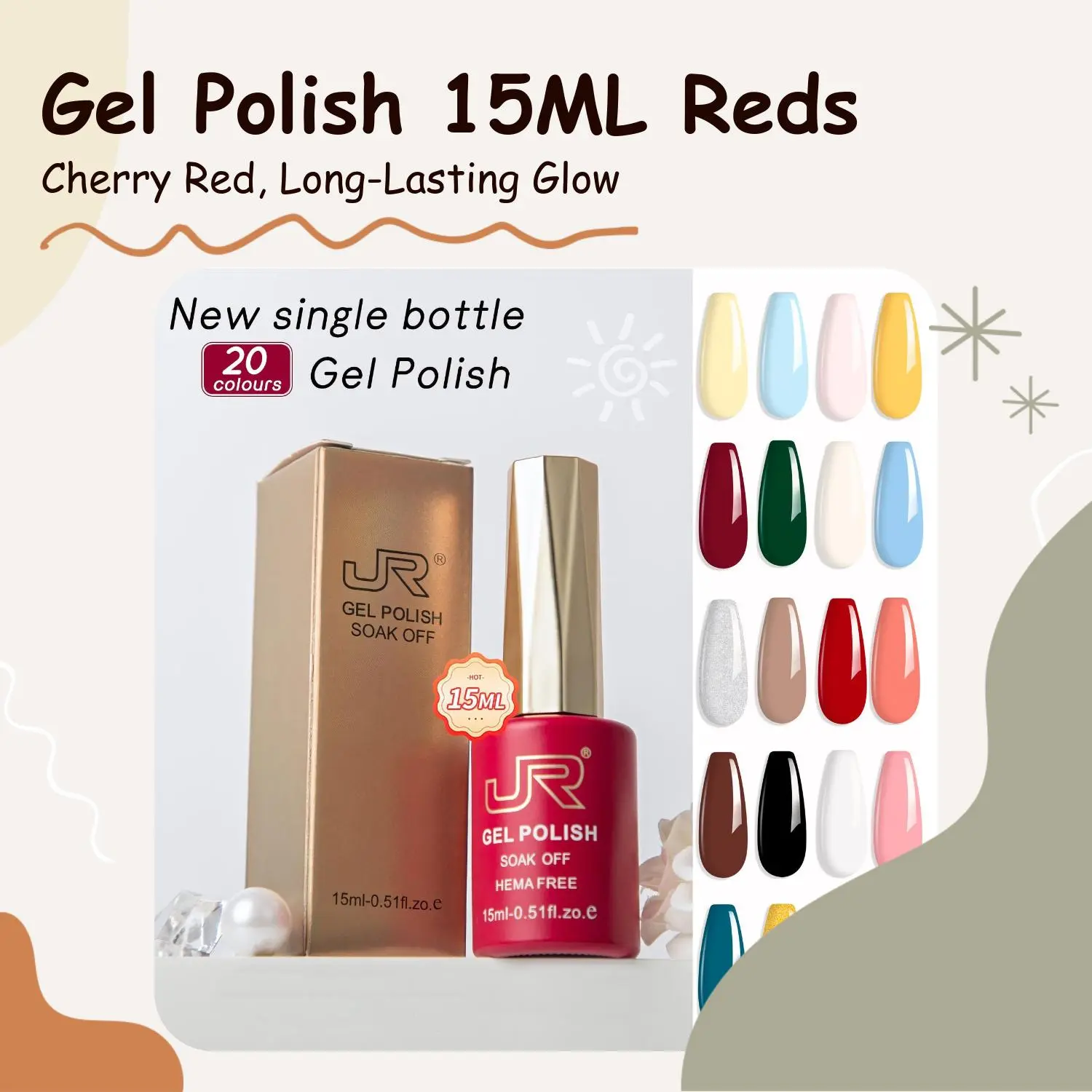 JR Wine Red Gel Polish 15ml - Soak Off UV Nail Polish | Classic Velvet Red & Summer Brights | DIY Salon at Home & Gifts for Her Longwear