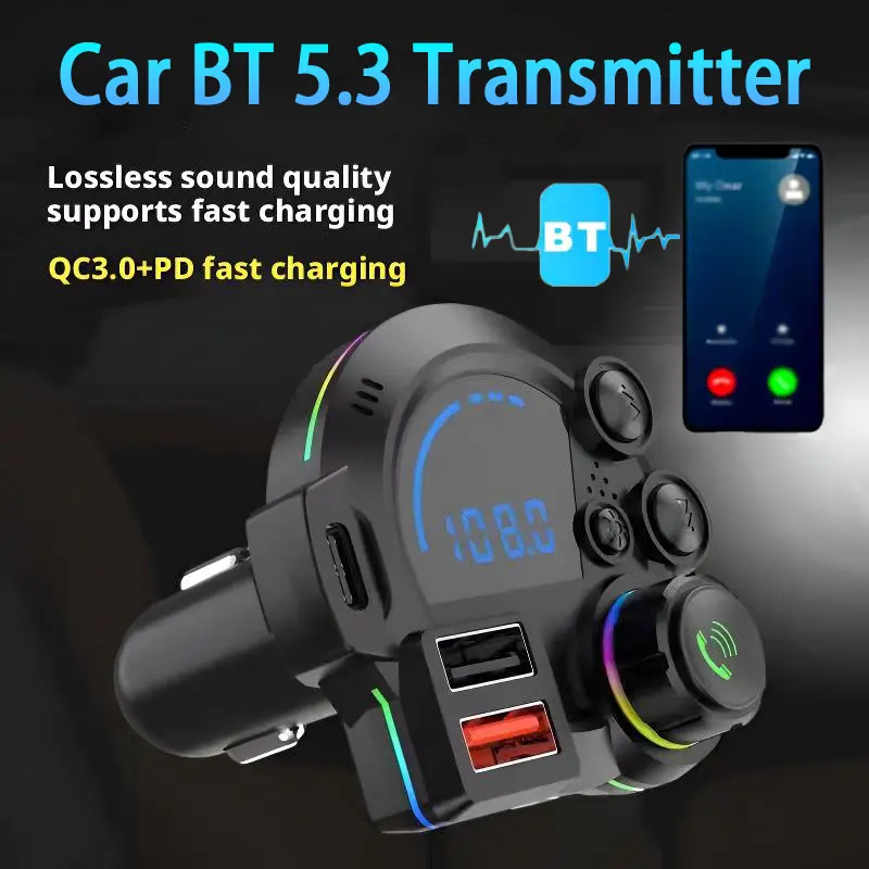 Nuokaiqi Bluetooth Car Adapter FM Transmitter - Car Interior Accessories with Hands-Free Calling, Super-Fast Charging Dual USB Ports, Adjustable Mood Lights, 1-Touch HiFi Music Playback, Road Trip Essential