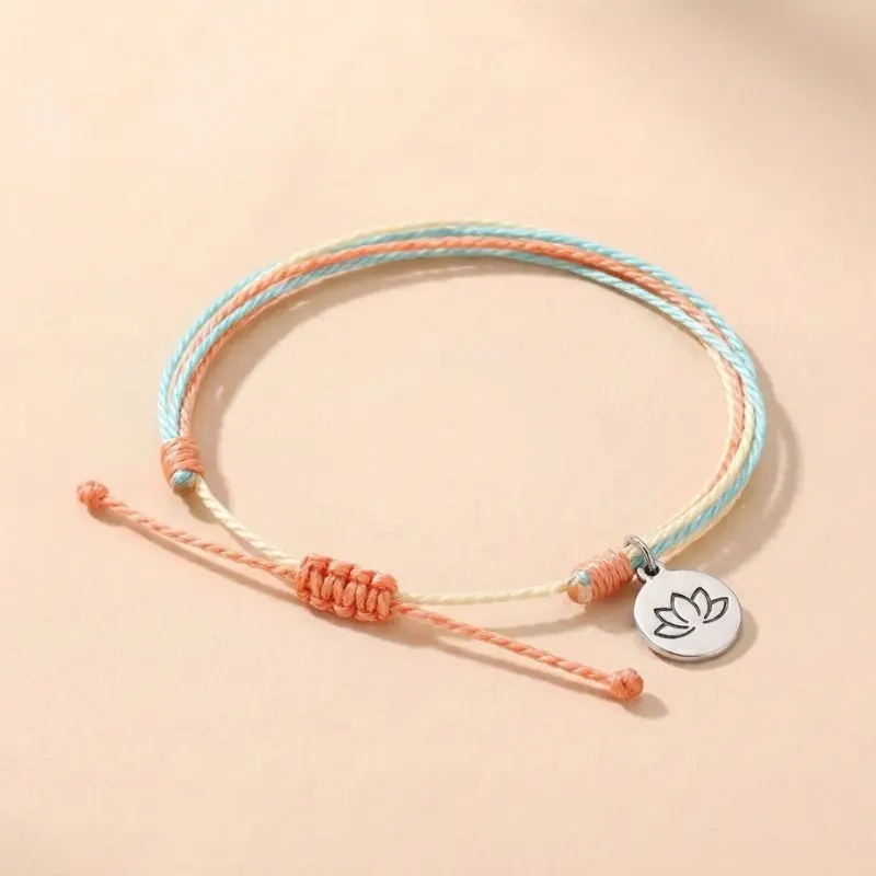 Buddha & Karma String Bracelet, Handmade Woven Adjustable Band with Lotus Charm - Unisex Beach Jewelry, Thoughtful Gift, Invisible, Fringe