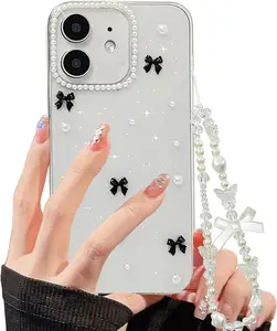 Phone Case for iPhone SE/7/8 Clear Glitter Case Cute Bow Knot Aesthetic Girly Phone Case with Phone Charms Chain Bracelet Soft Protective Cover for iPhone SE 4.7''-Black Bow