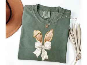 Comfort Colors Coquette Bow Bunny Ears TShirt, Cute Bunny T-Shirt, Rabbit Tee, Happy Easter Day Gift, Coquette Easter, Cute Easter Shirt