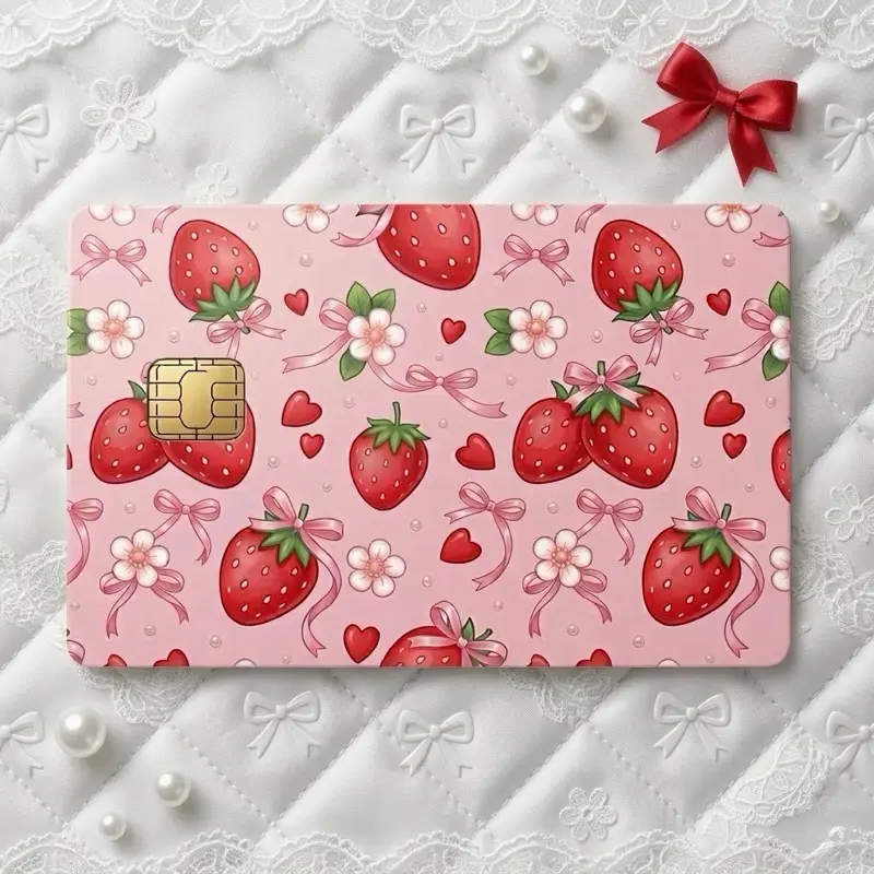 Strawberry Shortcake Glossy Vinyl Sticker Cards - Adhesive Vinyl Decal, Waterproof, Scratch-Resistant Premium DIY Film, Laminated for Extra Protection, Protects Your Card, 3.37x2.125 in Scrapbooking & Stamping Accessory, Strawberry Decoration Stickers