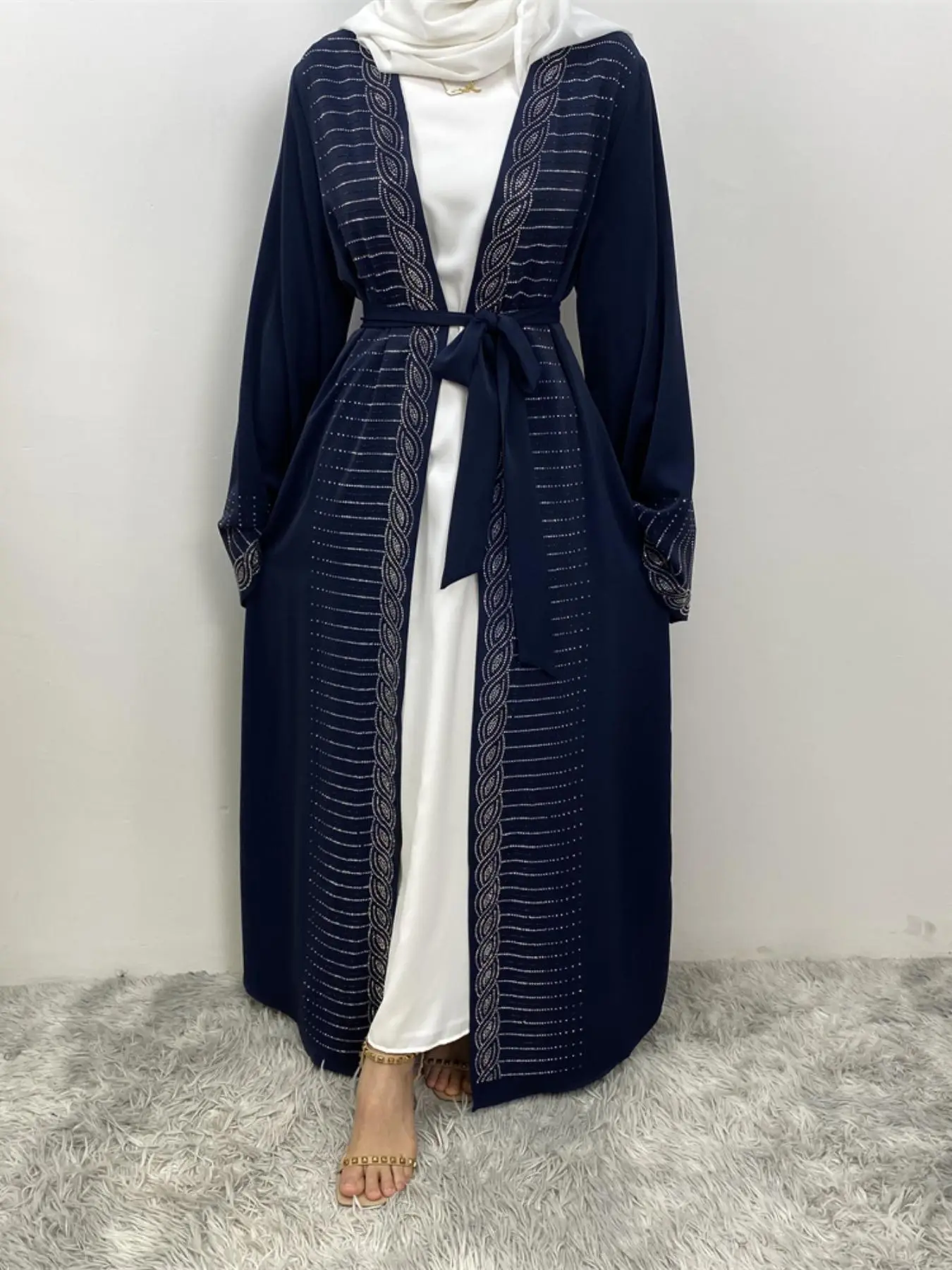 Women's Rhinestone Decor Belted Abaya without Hijab, Chic Modest Long Sleeve Open Front Abaya for Daily Wear, Ladies Islamic Clothing for All Seasons,