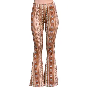 Daisy Del Sol Women’s Flare Stretch Yoga Comfortable High Waisted 70s Hippie Bohemian Legging Loungewear Festival Forbidden Pants Bell Bottoms  - Rust Paisley