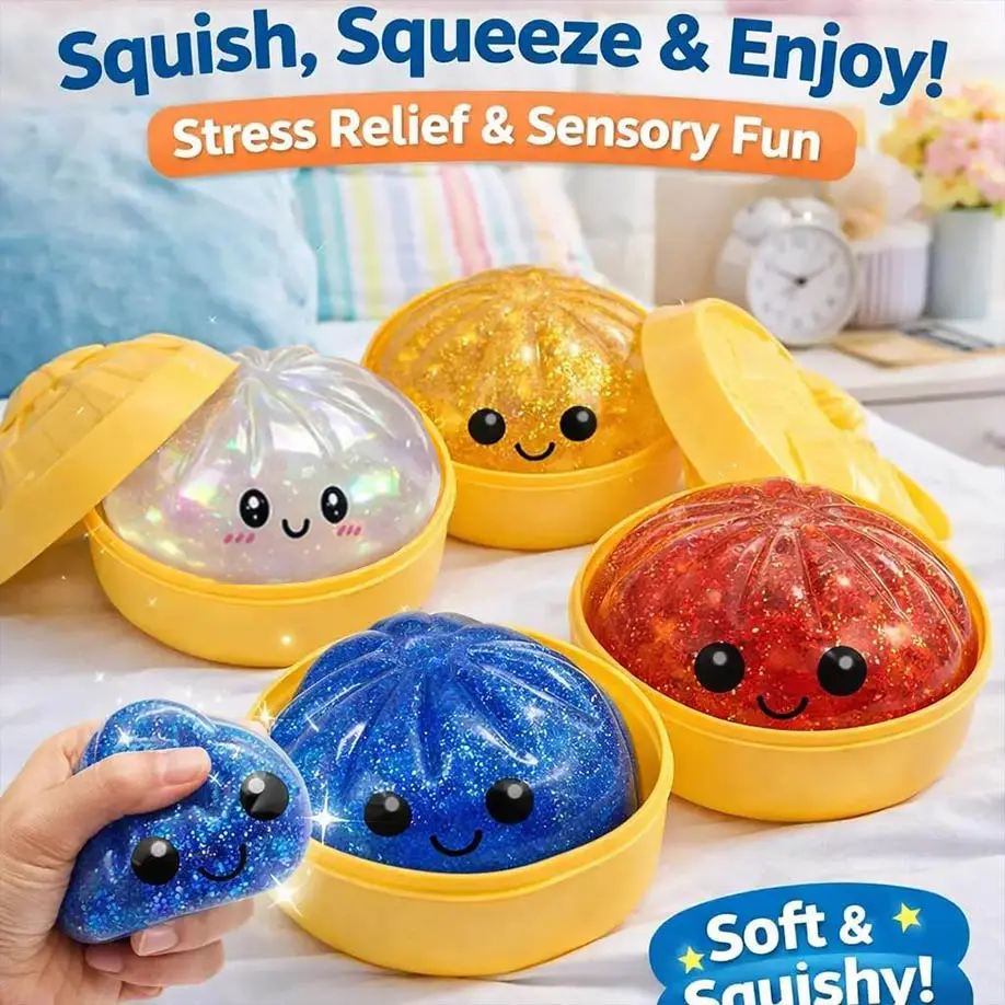 Vibrant Glitter Dumpling Squishy - Ultra Rare Gold Hidden Edition, Soft TPR Dough Ball with Steamer, Oddly Satisfying Sensory Stress Relief Toy for 3+ Years, Assorted Collectible Squishies