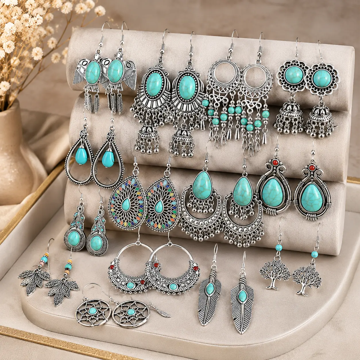 15 Pairs Western Dangle Earrings for Women, Bohemian Turquoise Earring Stack, Lightweight Jewelry with a Feminine Aesthetic, Meaningful Gifts for Beach & Festival Wear, Western Earrings