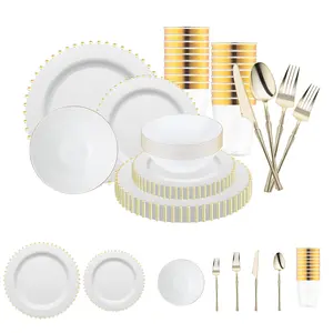 White with Gold Pearl String Round Disposable Plastic Tableware Set