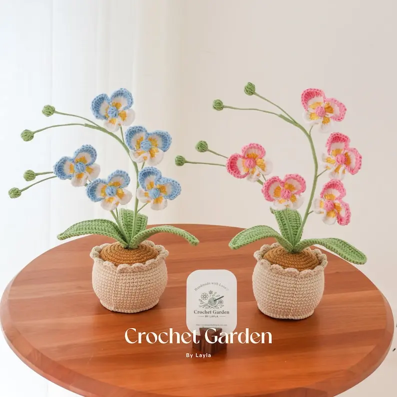 crochet Orchid, crochet flower in pot, housewarming gift, desk decoration, room decoration, handmade flower, gift for her, house decor