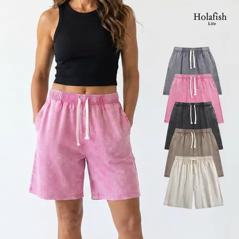 Holafish Womens Shorts 2PACK Athletic 7" Inseam Vintage Short  Acid Washed Shorts Cotton Elastic Waist Streetwear Sweatpants Unisex Design, Perfect for Men & Women