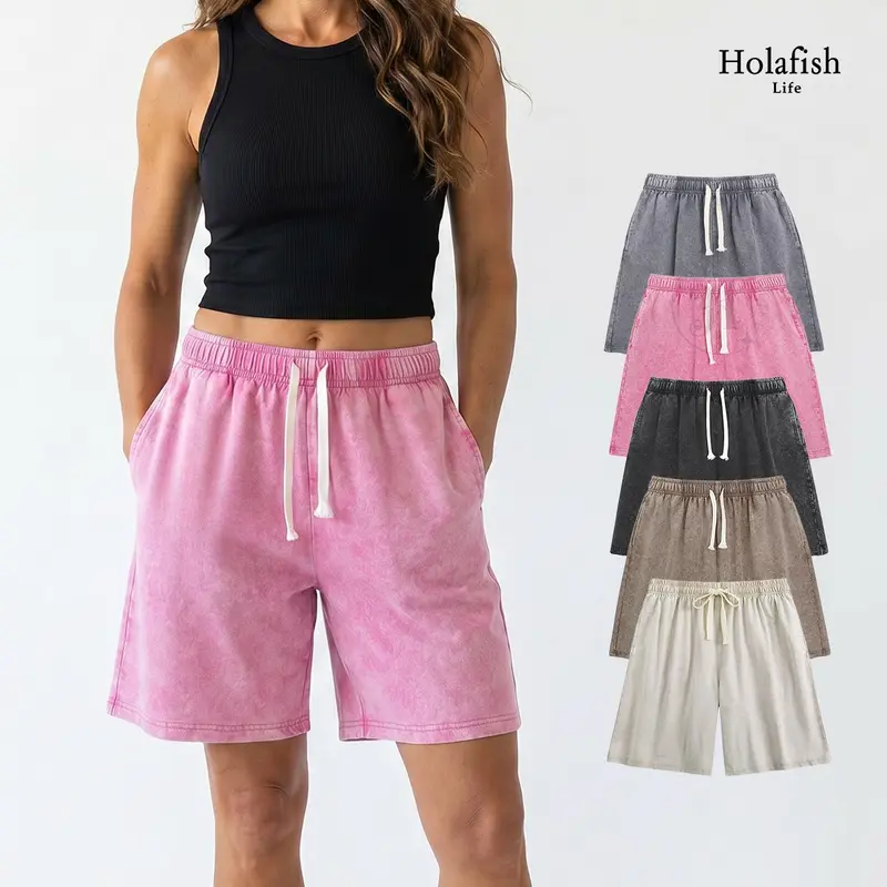 Holafish Womens Shorts 2PACK Athletic 7" Inseam Vintage Short Acid Washed Shorts Cotton Elastic Waist Streetwear Sweatpants Unisex Design, Perfect for Men & Women