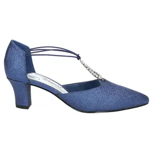 Easy Street Womens Moonlight Metallic Rhinestone Pointed Toe T Strap Pumps Dress Casual Mid Heel 2-3" - Blue