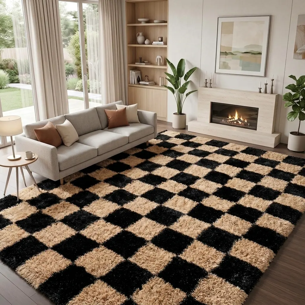WISH TREE Black & Beige Checkerboard Fluffy Area Rug, Ultra Soft Plush Shag Rug for Bedroom & Living Room, Cozy Fall Aesthetic Home Decor