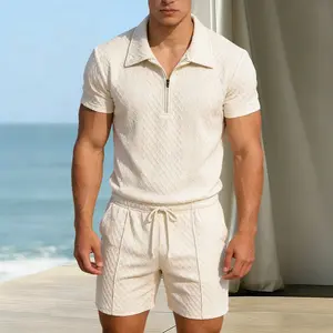 Men’s casual short-sleeve jacquard set featuring a turn-down collar polo shirt and drawstring shorts, solid color, suitable for everyday wear and vacations; men’s outfit