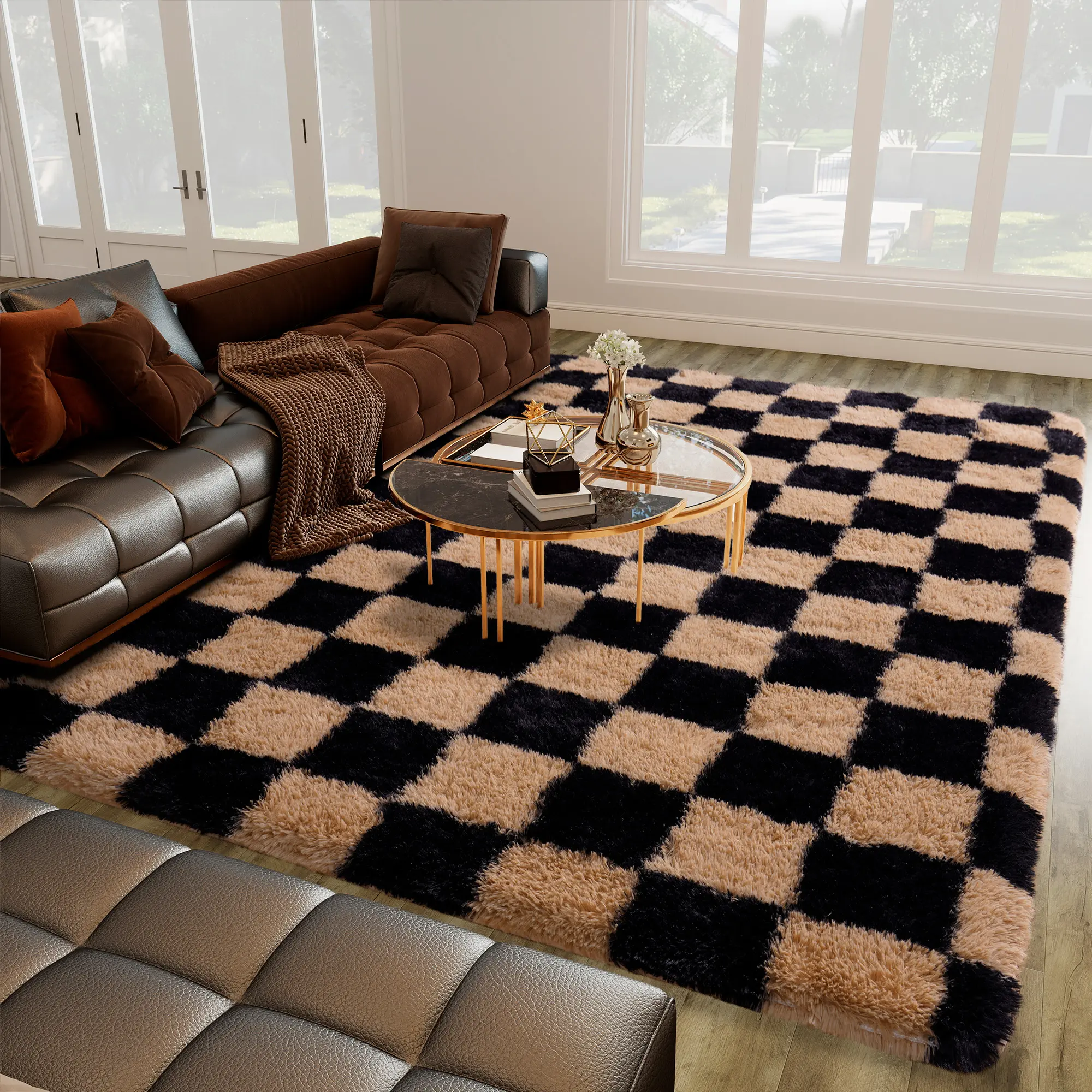 Checkered Fluffy Furry Rug - Soft Shaggy Silky Large Area Living Room Rug, Non-Slip Washable Durable Pet-Friendly Non-Shedding High-Traffic Room Decor Carpet for Bedroom Nursery