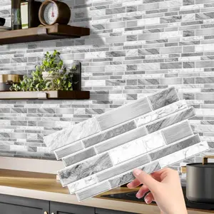 Peel-and-Stick Self-Adhesive Wall Tiles, 4.7×9.7-inch Kitchen & Bathroom Splashback Tiles, Marble Pattern Design (48-Piece Set) (Gray-White)