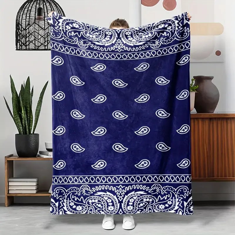 1Pc Modern Blue and White Paisley Print Polyester Flannel Throw - Soft, Tear-Resistant, Reversible Bohemian Decorative, Machine Washable, Multipurpose Blue Blankets for Couch, Camping