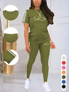 Women's Casual Letter Print Sporty Round Neck Drawstring Short Sleeve Top and Long Pants Two-Piece Set, Fitted Style, Sports Wear Set