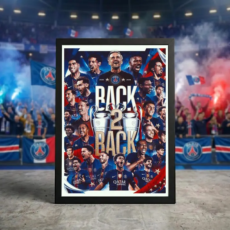 PSG Back 2 Back Champions League Poster, Paris SG Wall Art, Soccer Print, Football Fan Gift Decor