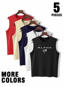 5pcs New Men's Tank Top | “ALPHA”Fashion Print Design | Casual Crew Neck Sleeveless Breathable T Shirt for Summer | Street American Style | Unisex Couple Wear,Suitable For Daily Wear, The Ideal Gift To Give Him Is A Summer Top, Workout Tank Top