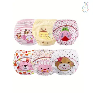 ERT-6-Pack Fashion Cotton Baby Training Pants Reusable Waterproof Girls Potty Underpants Cute Embroidery Patterns Toddler Kids Breathable Soft Underwear