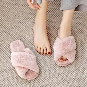 Women's Open Toe Slippers Fluffy Slide Slippers, Soft Criss Cross House Shoes for Winter Outdoor and Indoor Comfort
