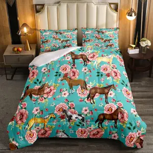 Kids Horse Bedding Set,Chic Retro Floral Bedding Comforter Set for Girls Teens,Galloping Horse Printed Comforter,D Wild Farm Animal Duvet Set