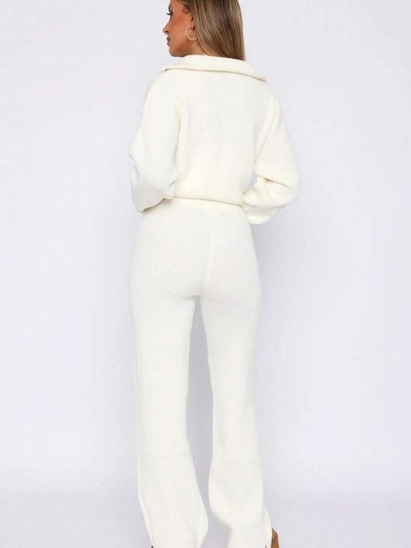 Fall/Winter Women's Casual Cute 2 Pieces Sets Streetwear Y2K Clothes Solid Color Half-Zip Ribbed Knitted Sweater Loungewear Top Pullover Long Sleeves Knitted Pants Cozy Homecoming All White Fall Winter Outfits Clothes For Women Loune Matching Set Country