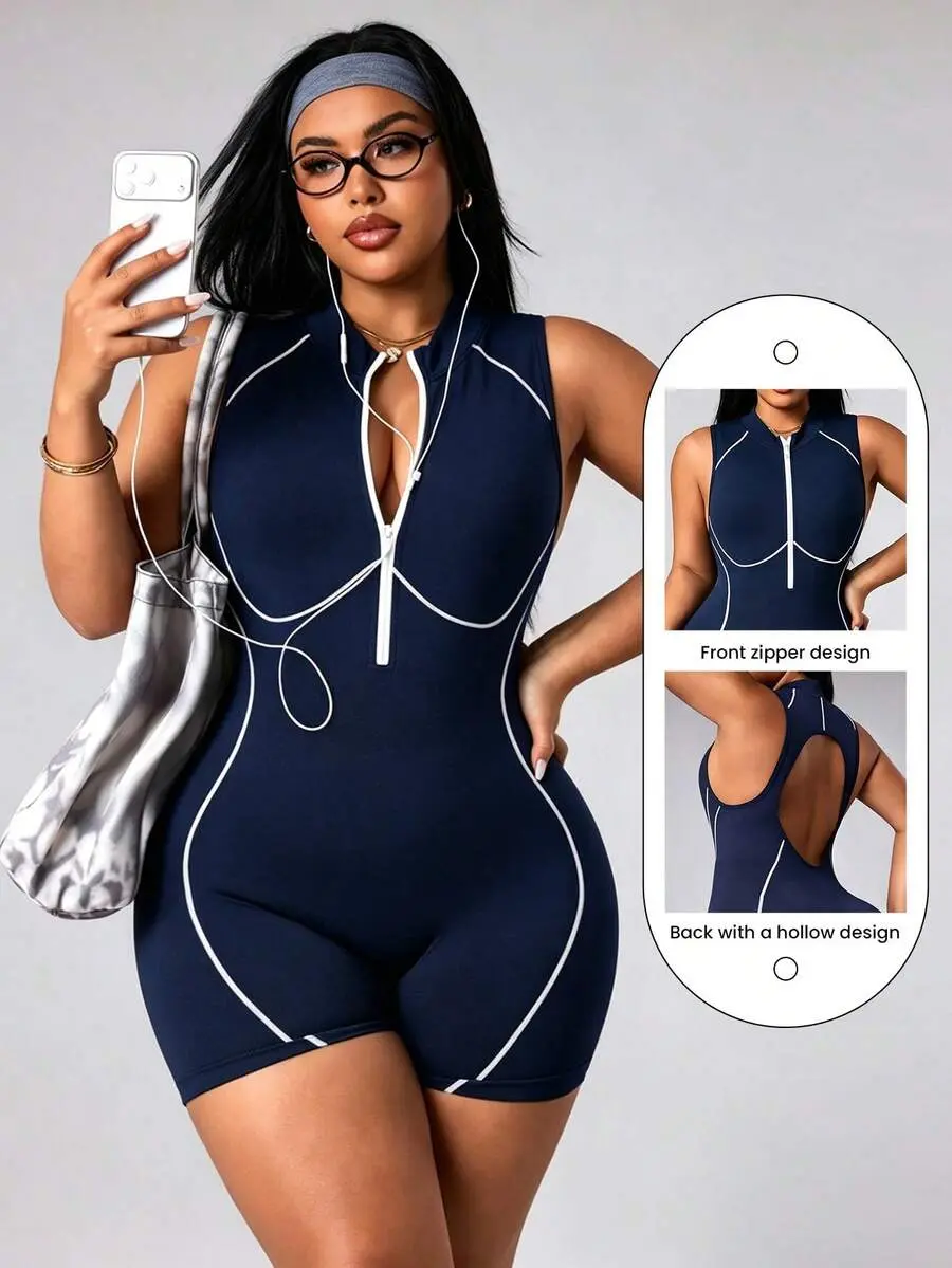 SLAYAURA Plus Size Seamless Navy Blue Sports Jumpsuit, Sleeveless Hollow Out Backless Design, Outdoor Workout Fitness Running Yoga Romper Shorts