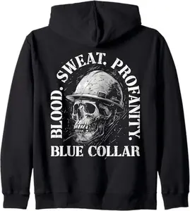 Blood Sweat Profanity Construction Worker Skull Blue Collar Zip Hoodie