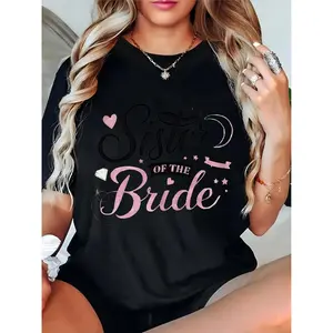 Women's "Sister of the Bride" Graphic T - Shirt with Heart, Star, Diamond & Ribbon Prints – Casual Wedding Party, Bachelorette Party Tee for Bridesmaids & Bride’s Sisters (Black) 100% Cotton T-shirt